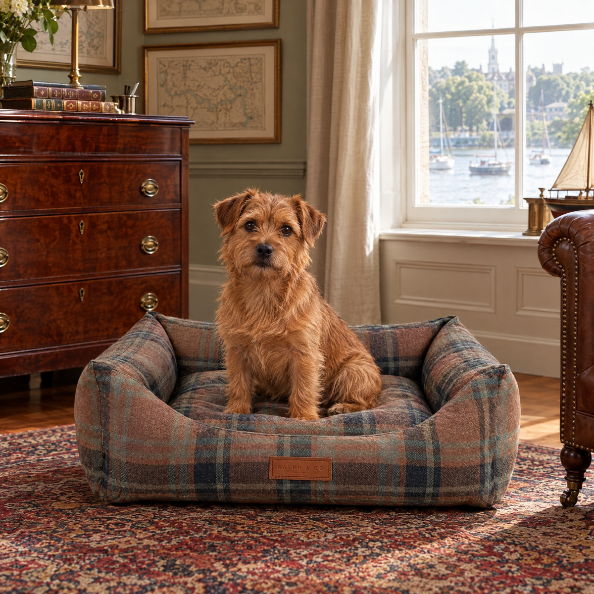 Norfolk Terrier in the medium Marlow tartan bed in a Richmond-upon-Thames study