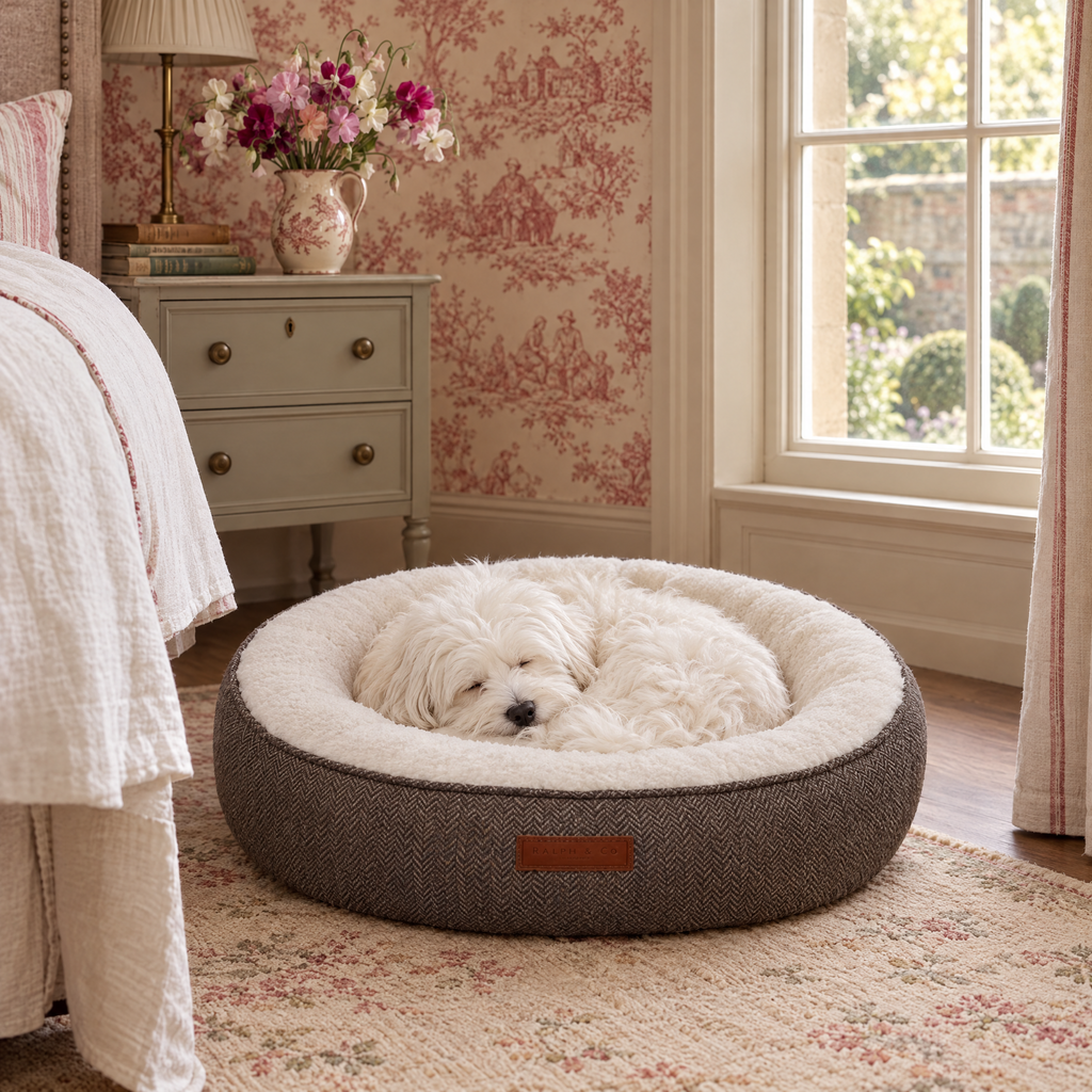 A Coton de Tulear asleep in the Lincoln tweed calming donut bed by Ralph & Co, in a Norfolk rectory bedroom