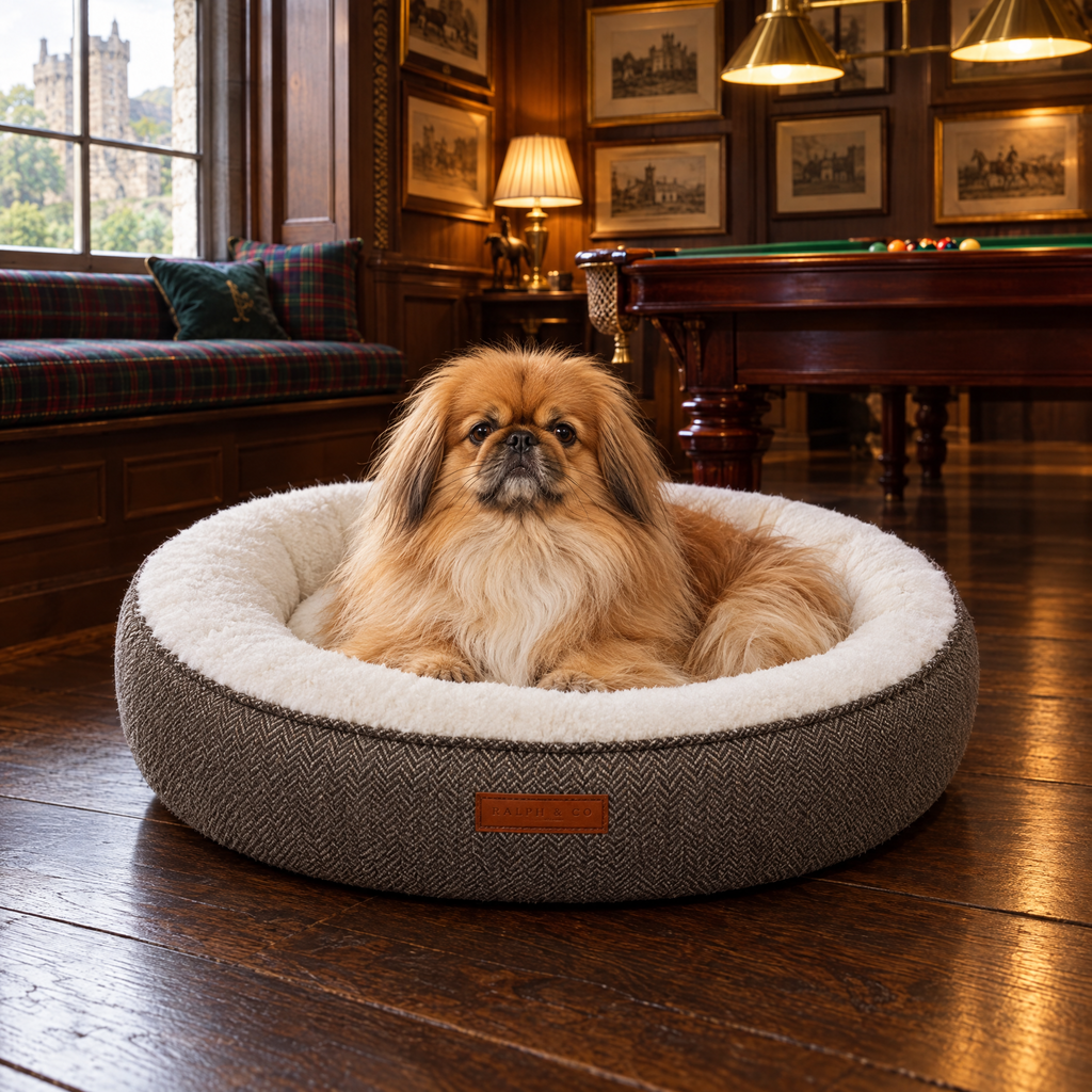 A Pekingese nestled in the Lincoln tweed donut bed in a Perthshire castle billiard room
