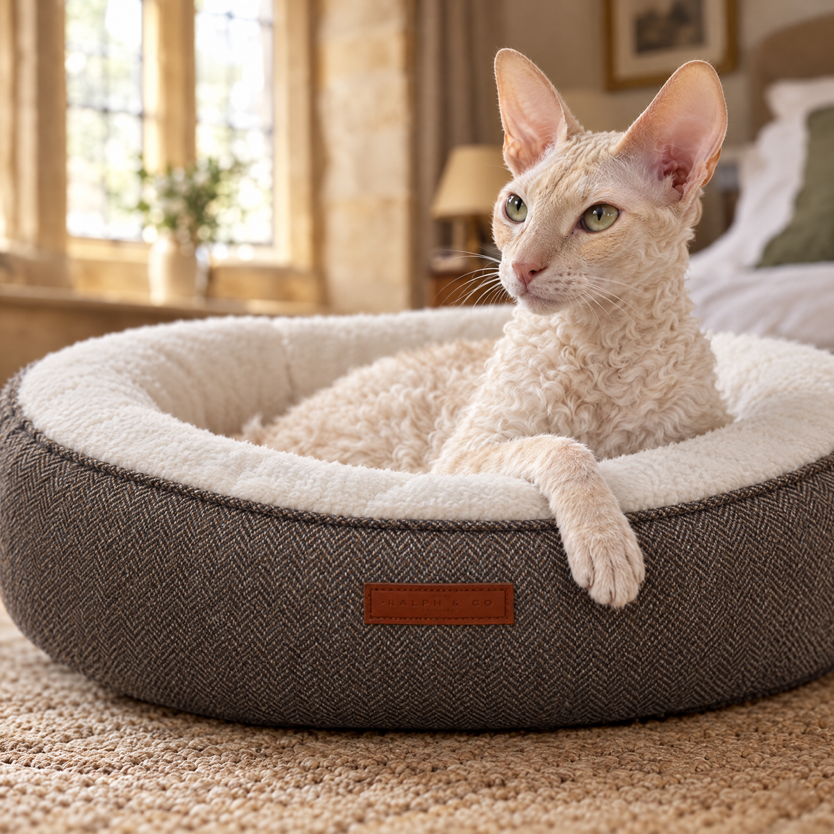 A Cornish Rex cat's paw over the rim of the Lincoln tweed donut bed