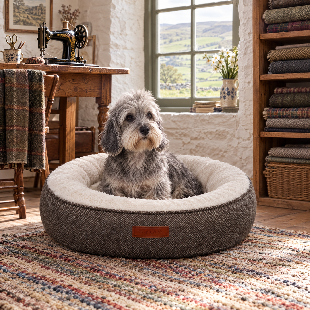 A Dandie Dinmont Terrier in the Lincoln tweed donut bed in a Yorkshire Dales farmhouse sewing room