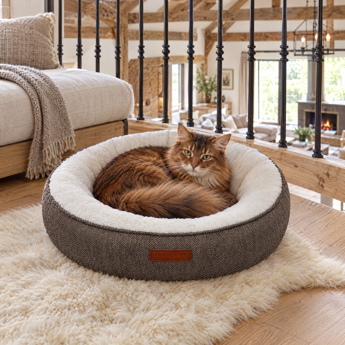 A Somali cat curled in the Lincoln tweed donut bed on a Hampshire stable conversion mezzanine