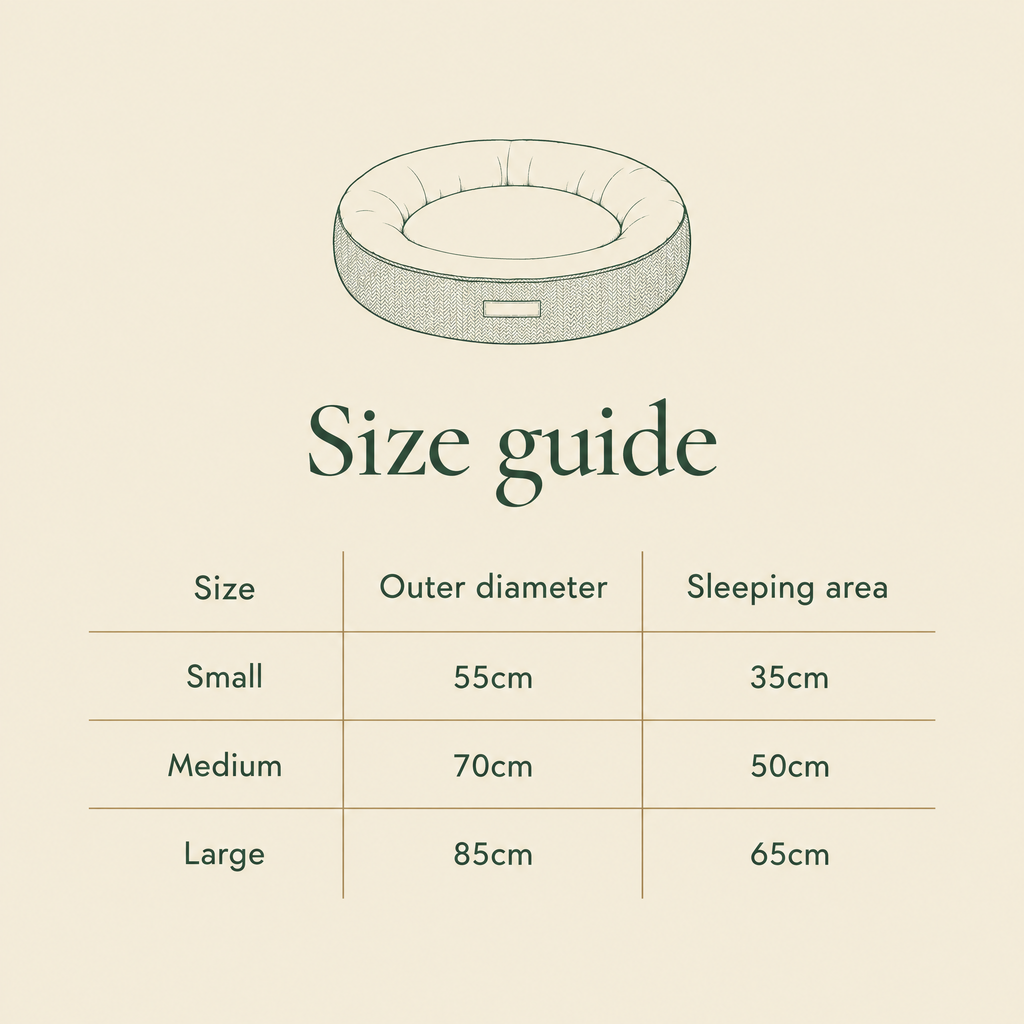 Lincoln tweed donut bed size guide, Small to Large
