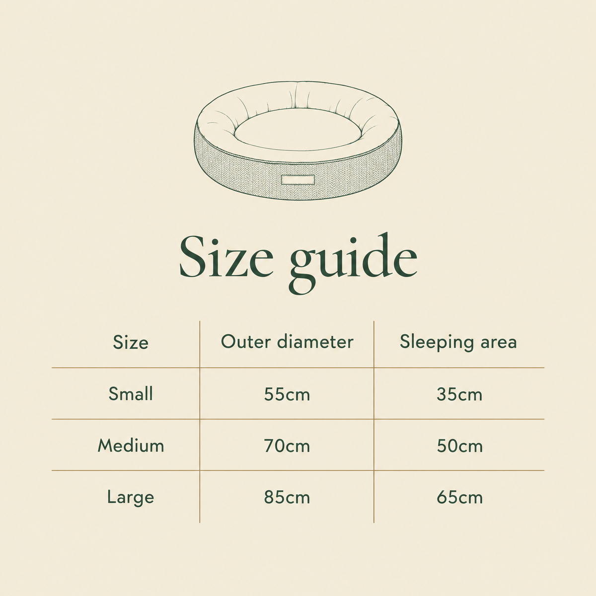 Lincoln tweed donut bed size guide, Small to Large