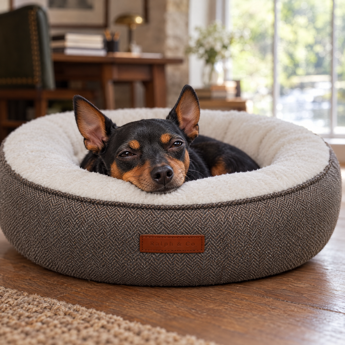 A Miniature Pinscher resting its chin on the rim of the Lincoln tweed donut bed