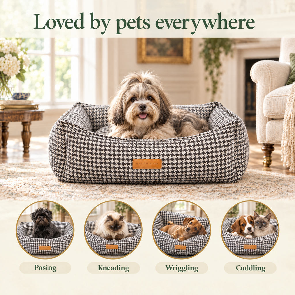 Loved by pets everywhere: a Lowchen on the Kensington houndstooth bed by Ralph & Co, for posing, kneading, wriggling, cuddling