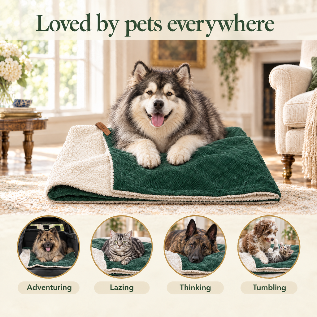 Loved by pets everywhere: an Alaskan Malamute on the Richmond green blanket by Ralph & Co, for adventuring, lazing, thinking, tumbling