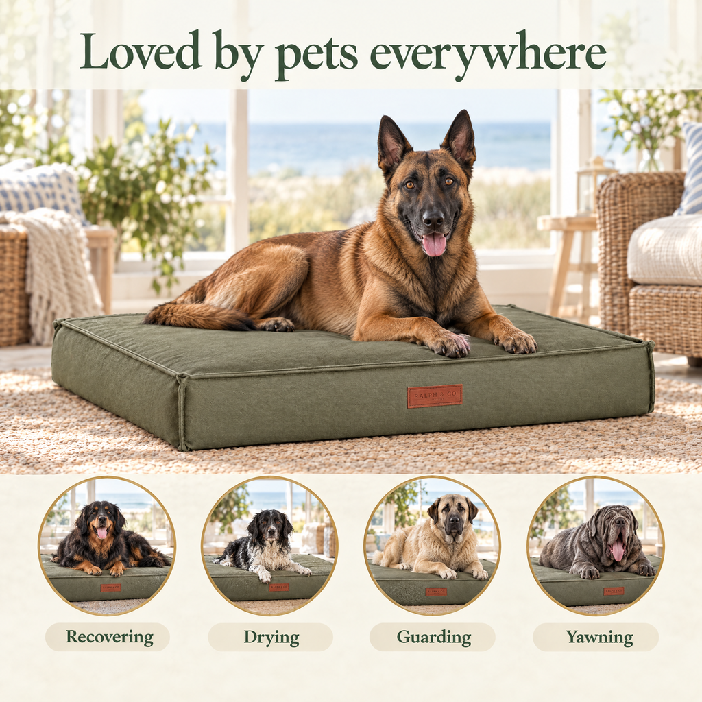 Loved by pets everywhere: a Belgian Malinois on the Henley pillow bed by Ralph & Co, for recovering, drying, guarding, yawning