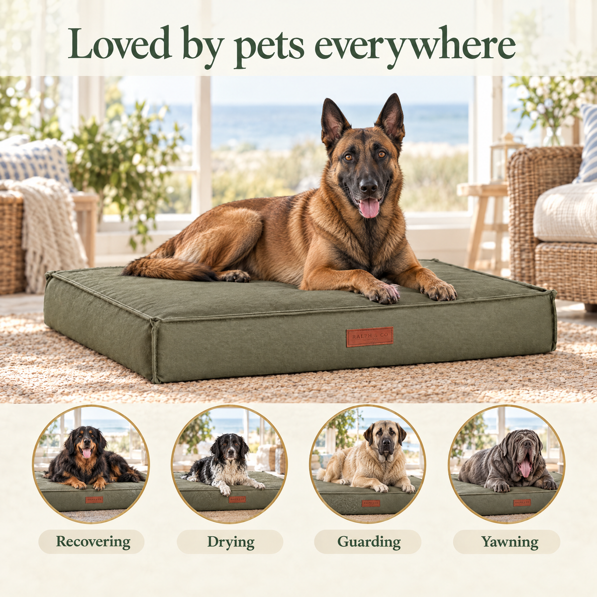Loved by pets everywhere: a Belgian Malinois on the Henley pillow bed by Ralph & Co, for recovering, drying, guarding, yawning