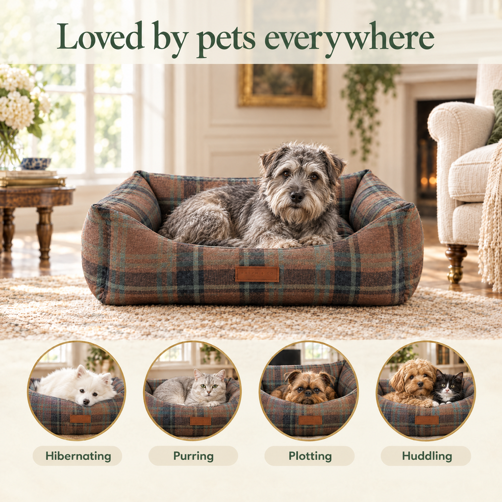 Loved by pets everywhere: a Glen of Imaal Terrier on the Marlow tartan bolster bed by Ralph & Co, for hibernating, purring, plotting, huddling
