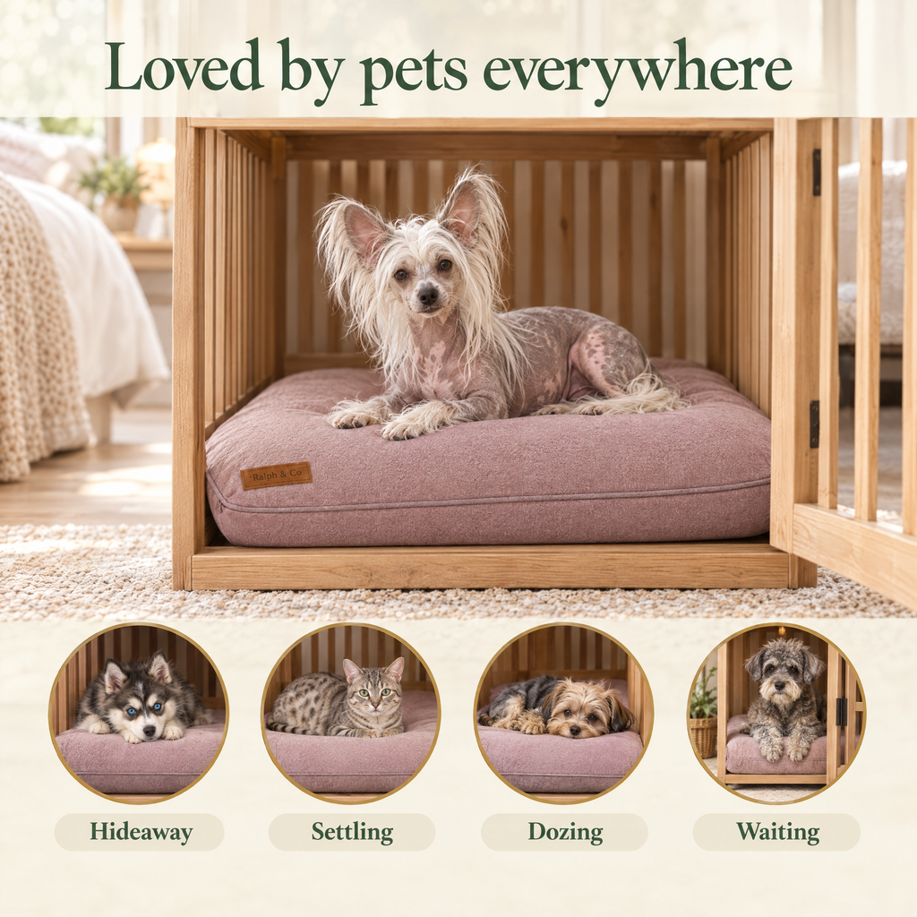 Loved by pets everywhere: a Chinese Crested on the blush pink crate mattress by Ralph & Co, for hideaway, settling, dozing, waiting