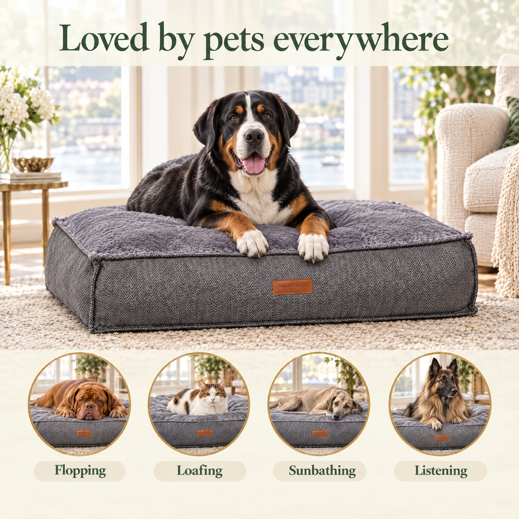 Loved by pets everywhere: a Greater Swiss Mountain Dog on the Balmoral pillow bed by Ralph & Co, for flopping, loafing, sunbathing, listening