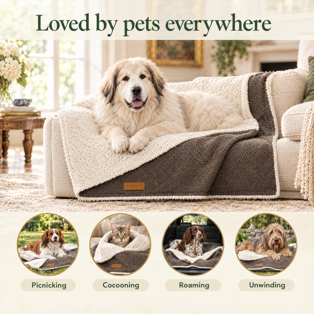 Loved by pets everywhere: a Pyrenean Mountain Dog on the Lincoln tweed blanket by Ralph & Co, for picnicking, cocooning, roaming, unwinding
