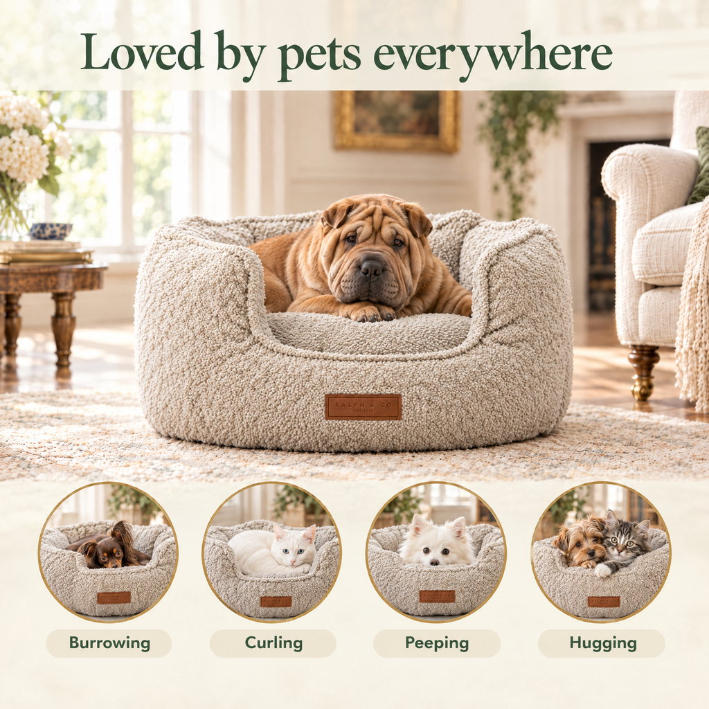 Loved by pets everywhere: a Shar Pei in the Cotswold boucle bed by Ralph & Co, for burrowing, curling, peeping, hugging