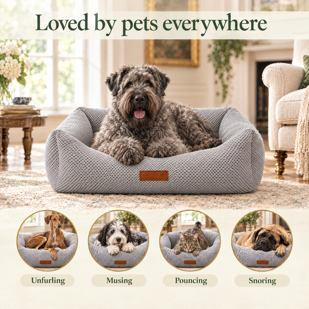 Loved by pets everywhere: a Bouvier des Flandres in the Highclere bolster bed by Ralph & Co, for unfurling, musing, pouncing, snoring