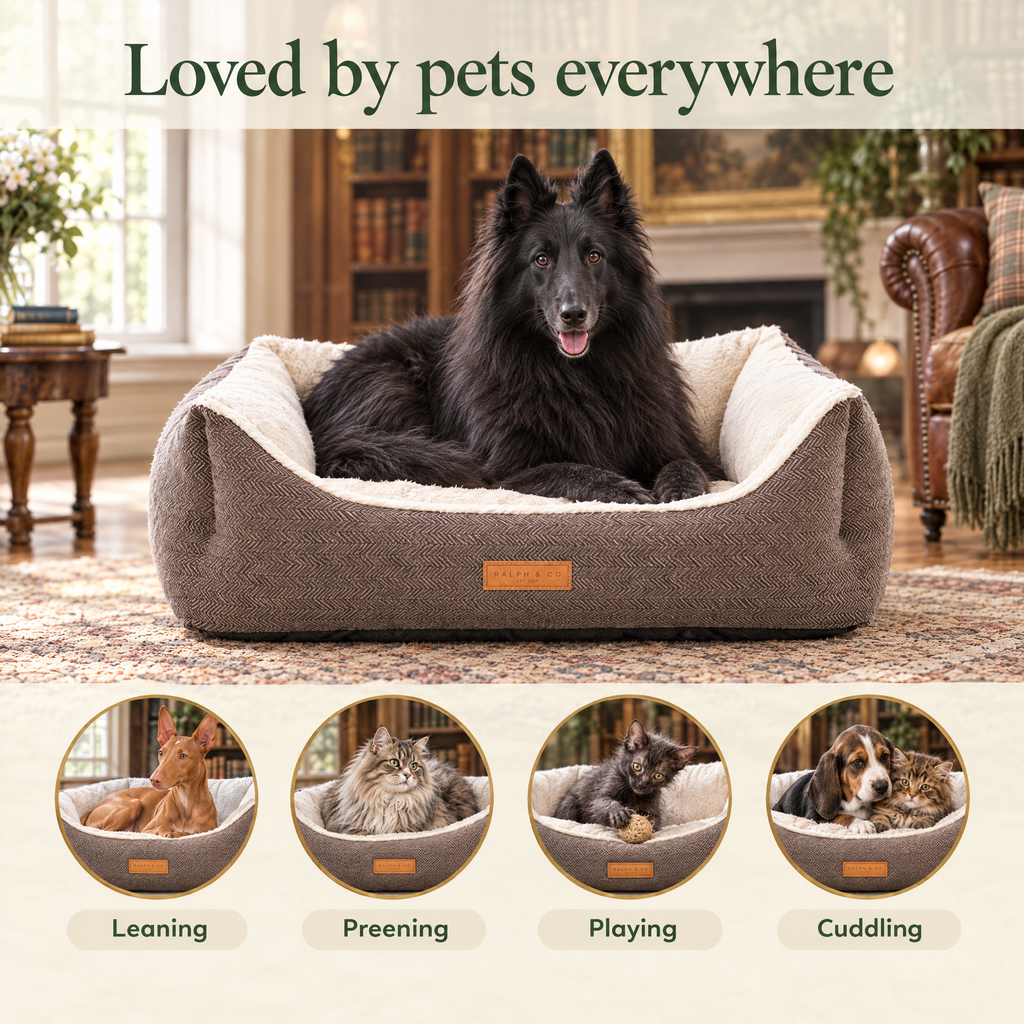 Loved by pets everywhere: a Groenendael in the Lincoln tweed bolster bed by Ralph & Co, for leaning, preening, playing, cuddling