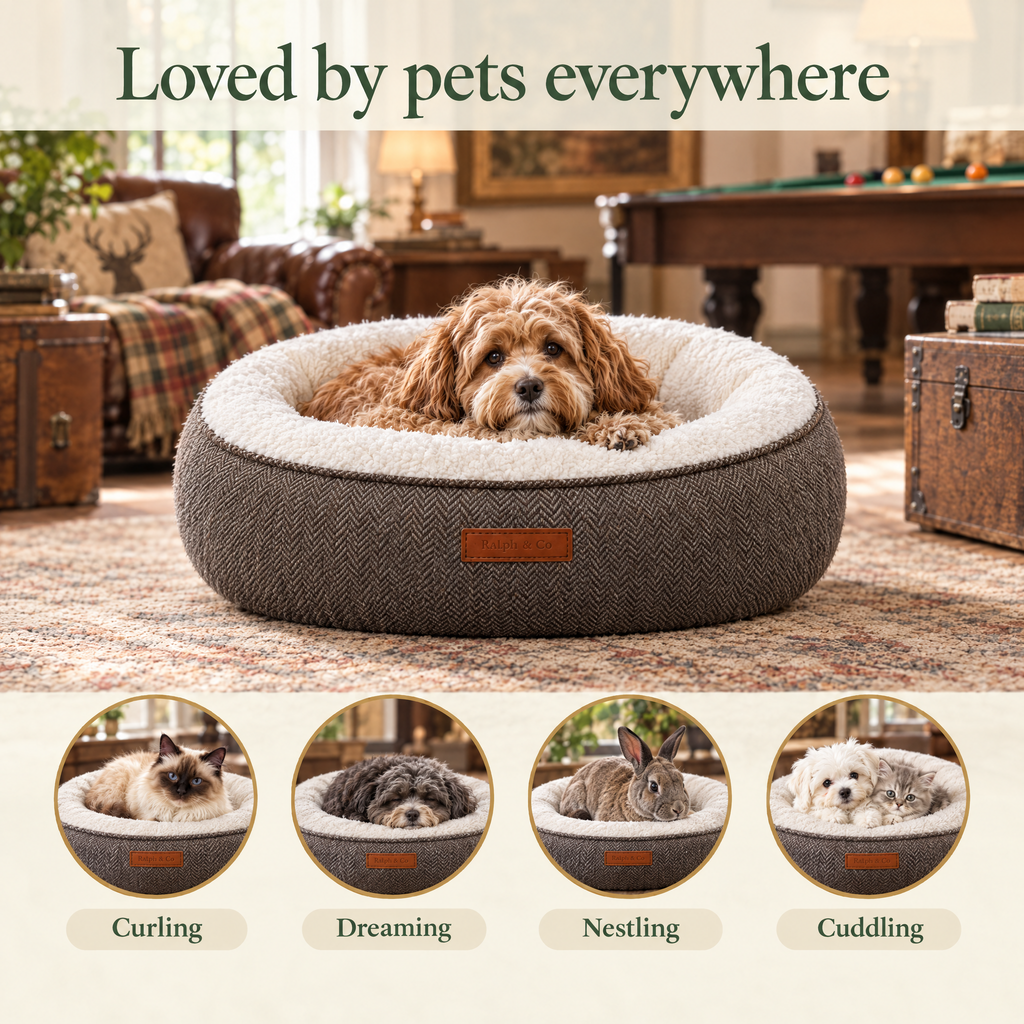 Loved by pets everywhere: a Lhasapoo in the Lincoln tweed donut bed by Ralph & Co, for curling, dreaming, nestling, cuddling