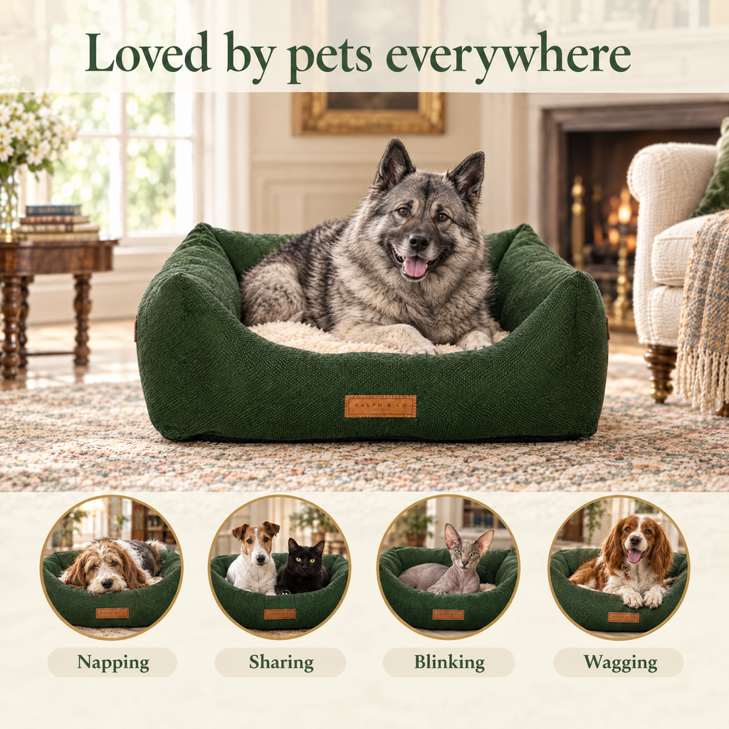 Loved by pets everywhere: a Norwegian Elkhound in the Richmond green bolster bed by Ralph & Co, for napping, sharing, blinking, wagging