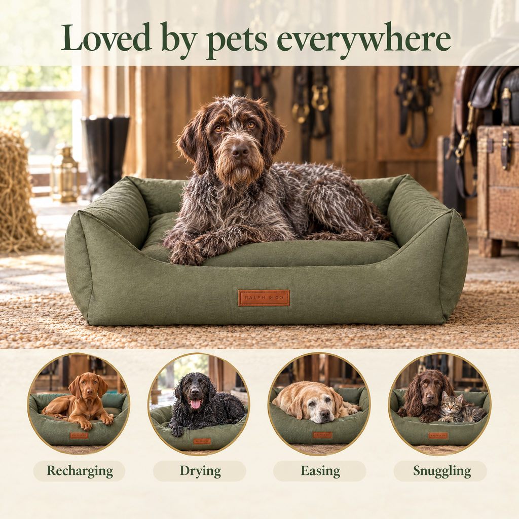 Loved by pets everywhere: a Wirehaired Pointing Griffon in the Henley bolster bed by Ralph & Co, for recharging, drying, easing, snuggling