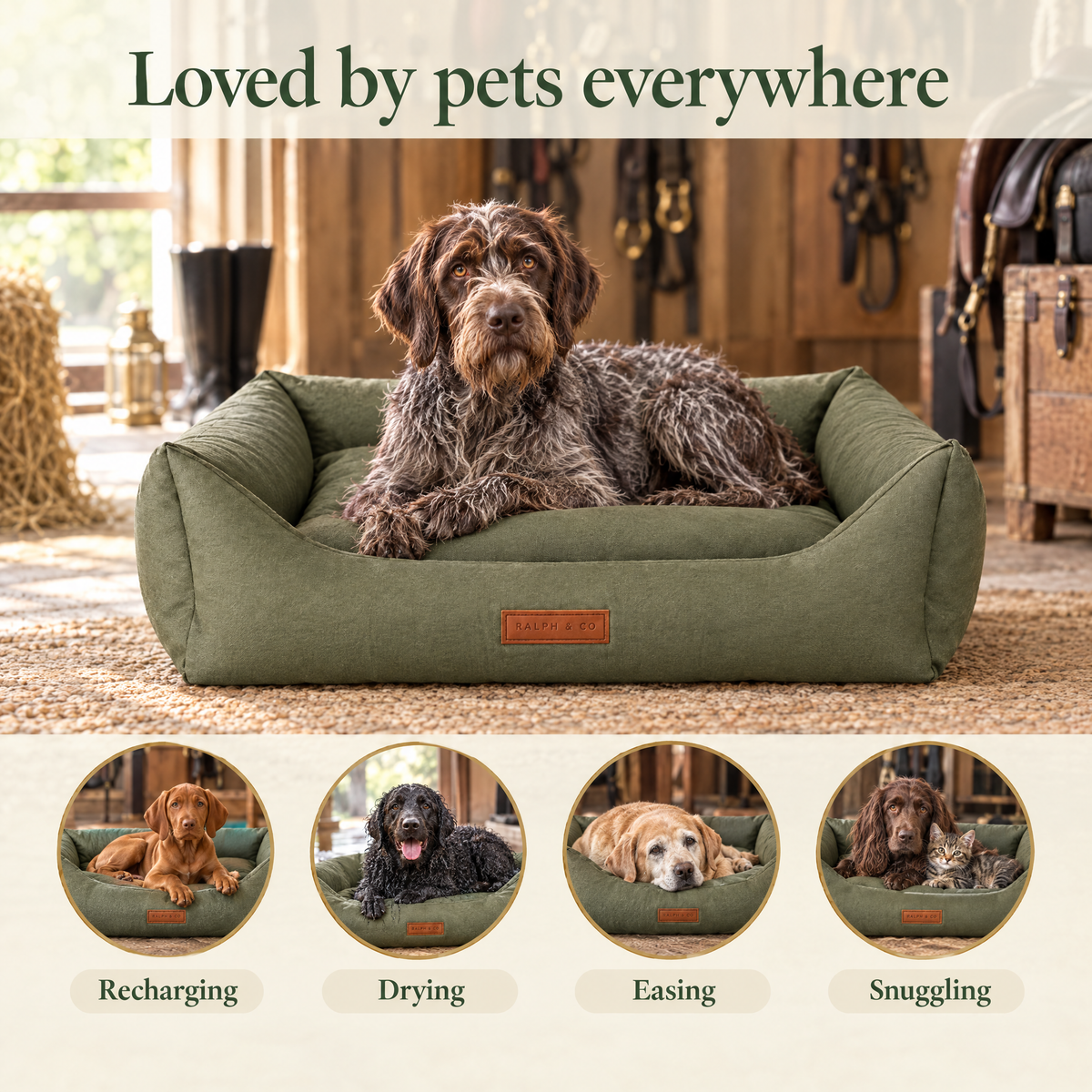 Loved by pets everywhere: a Wirehaired Pointing Griffon in the Henley bolster bed by Ralph & Co, for recharging, drying, easing, snuggling
