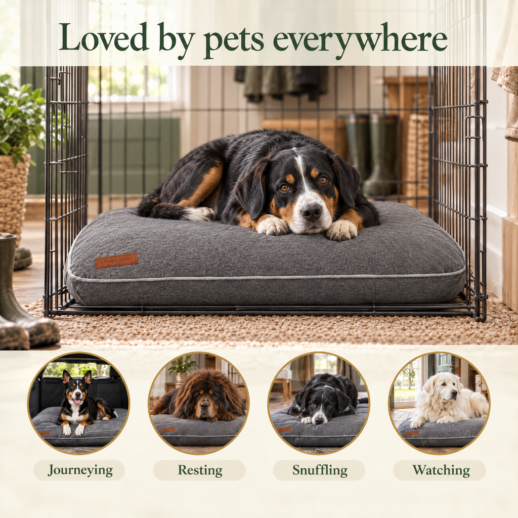 Loved by pets everywhere: an Entlebucher Mountain Dog on the grey crate mattress by Ralph & Co, for journeying, resting, snuffling, watching