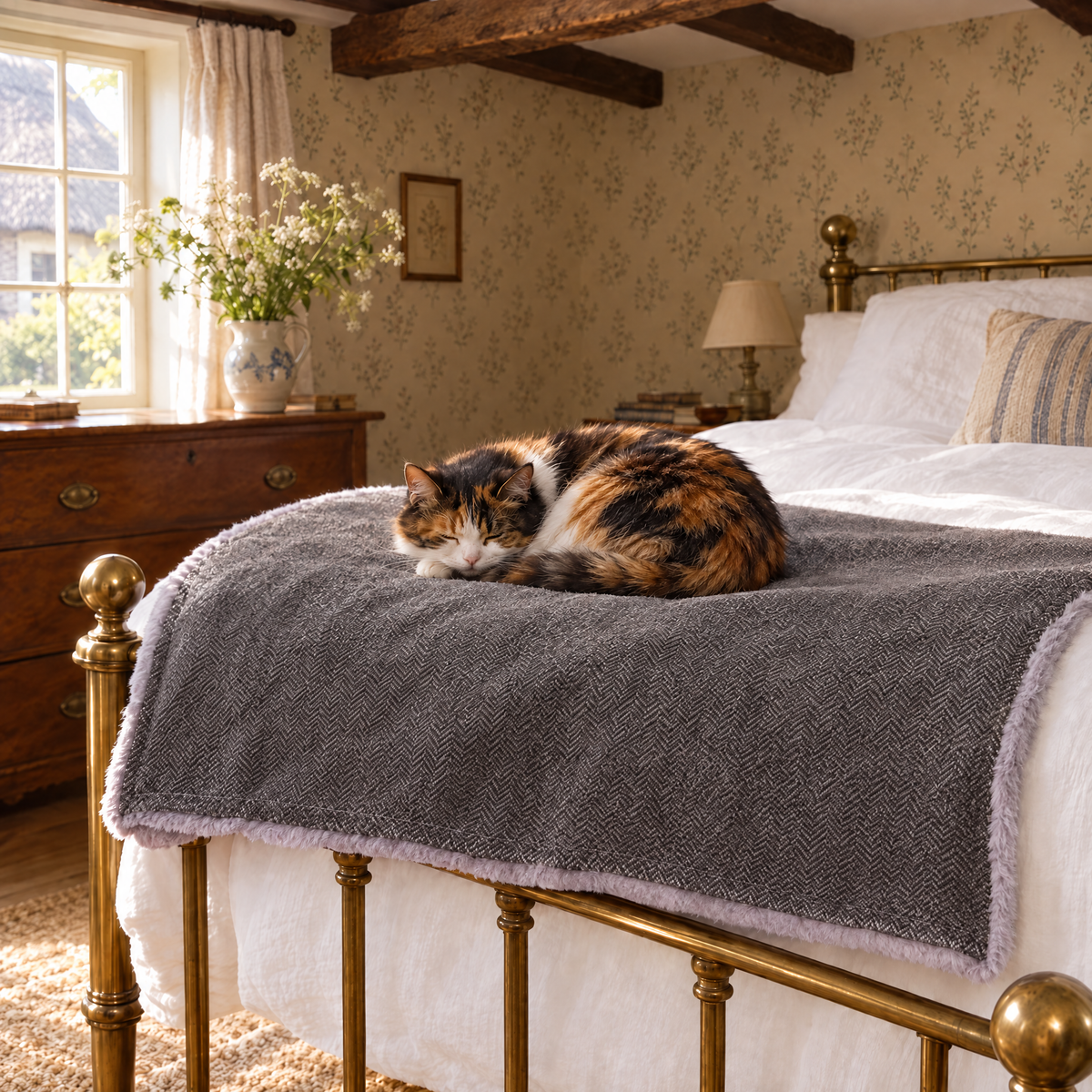Calico cat curled up on the Balmoral blanket across a brass bed in a Suffolk thatched cottage