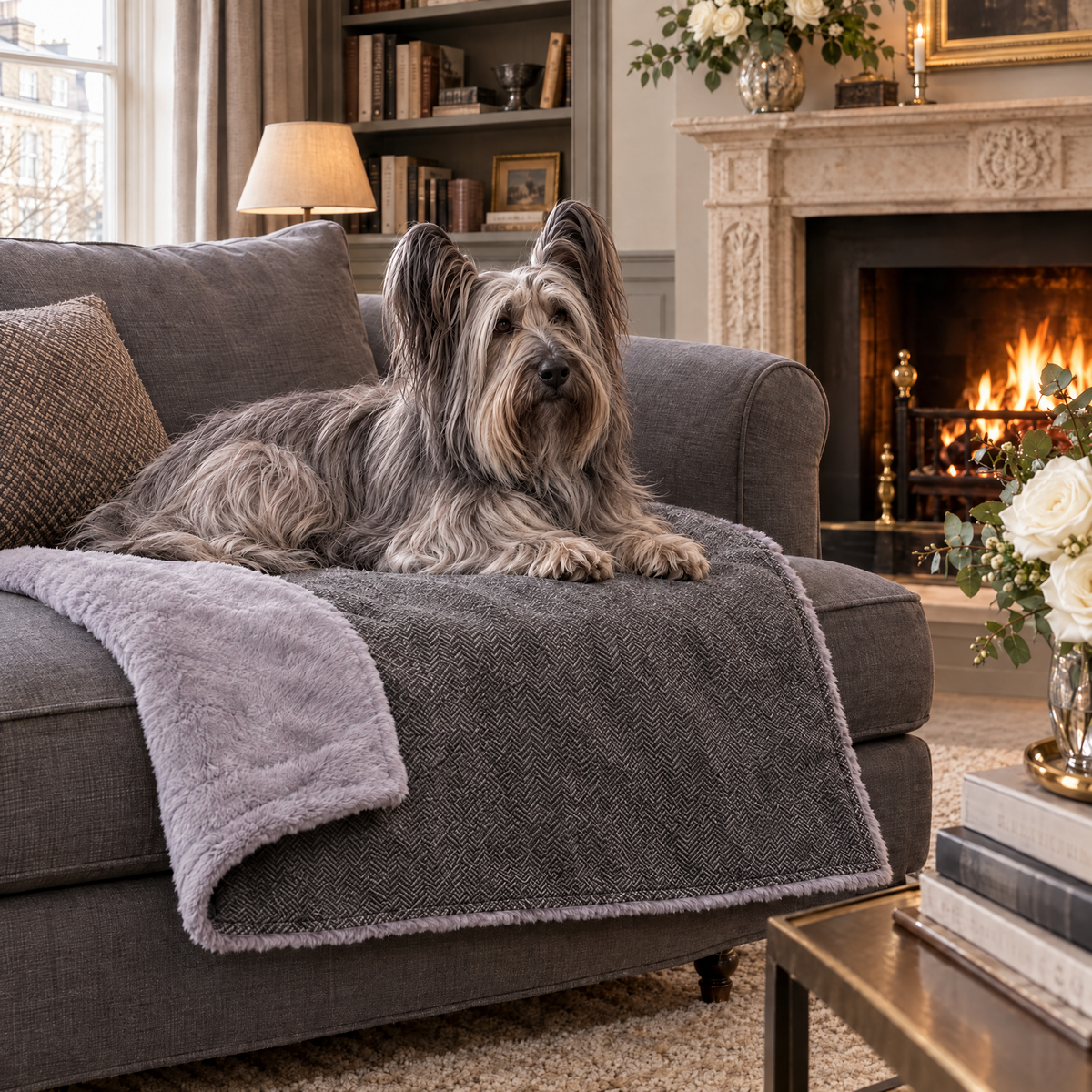 Skye Terrier on the Balmoral Grey Herringbone & Faux Fur Reversible Blanket by Ralph & Co over a sofa in a Belgravia snug