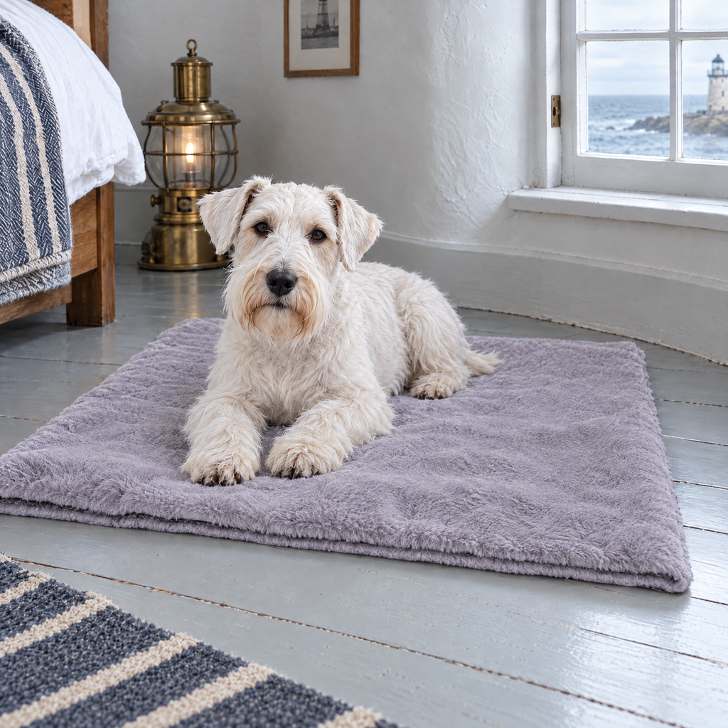 Sealyham Terrier on the faux fur side of the Balmoral blanket in a lighthouse keeper's cottage bedroom