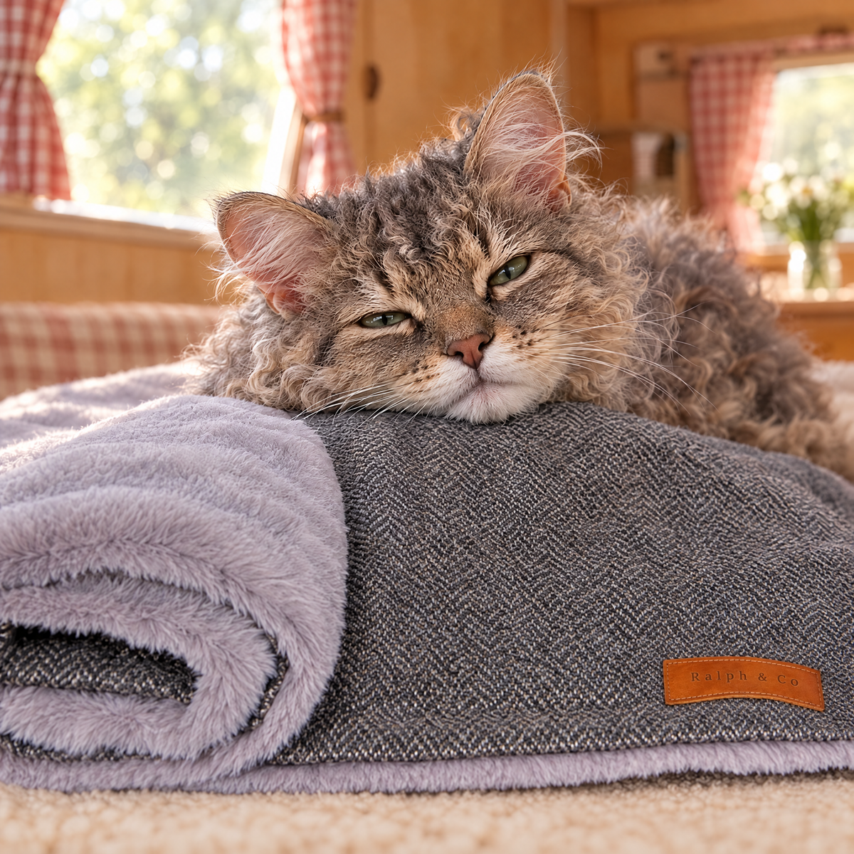 LaPerm cat resting its chin on the grey herringbone side of the Balmoral blanket by Ralph & Co