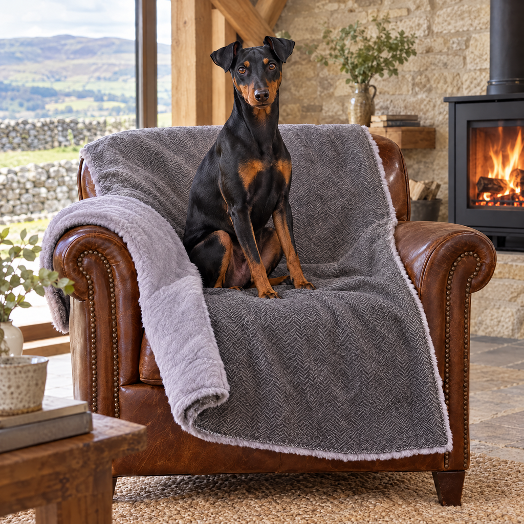 Manchester Terrier on the Balmoral herringbone blanket over an armchair in a Yorkshire Dales barn snug