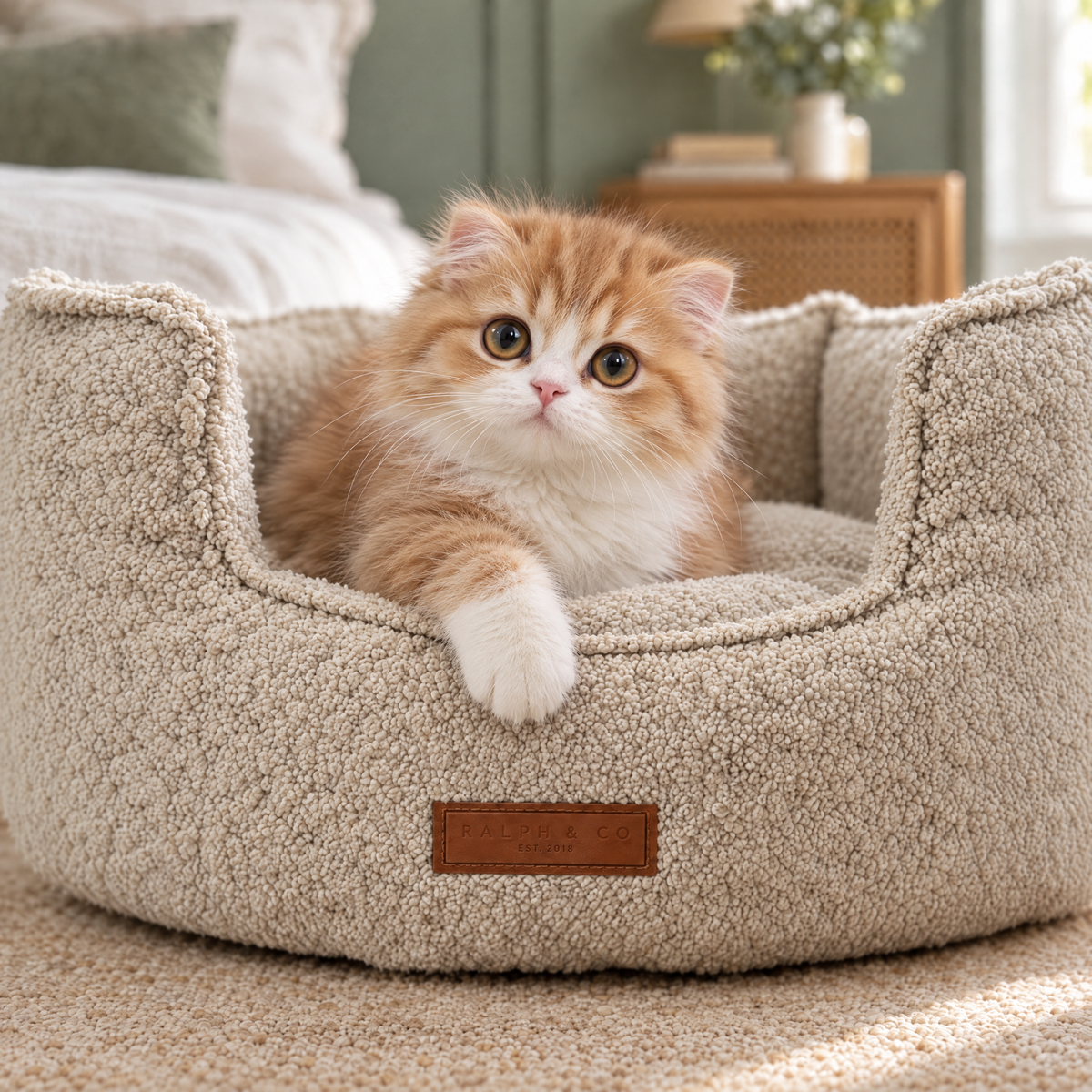 Ginger and white kitten with its paw over the rim of the Cotswold boucle high-wall bed by Ralph & Co