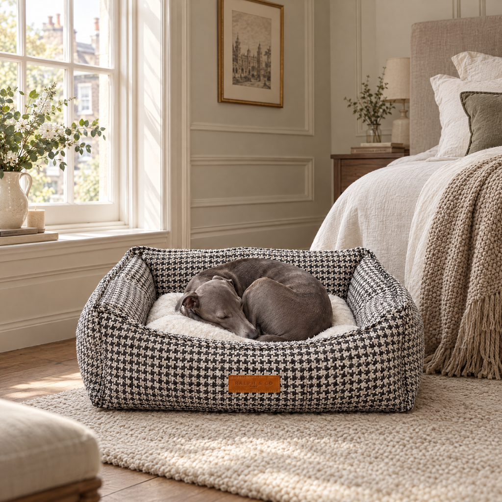 Italian Greyhound curled up in the Kensington houndstooth bed at the foot of the bed in a Hampstead bedroom