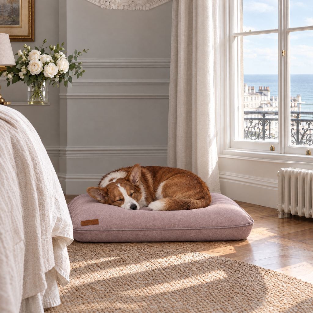 Cardigan Corgi asleep on The Blush Pink Memory Foam Crate Mattress by Ralph & Co on the floor of a Brighton Regency bedroom