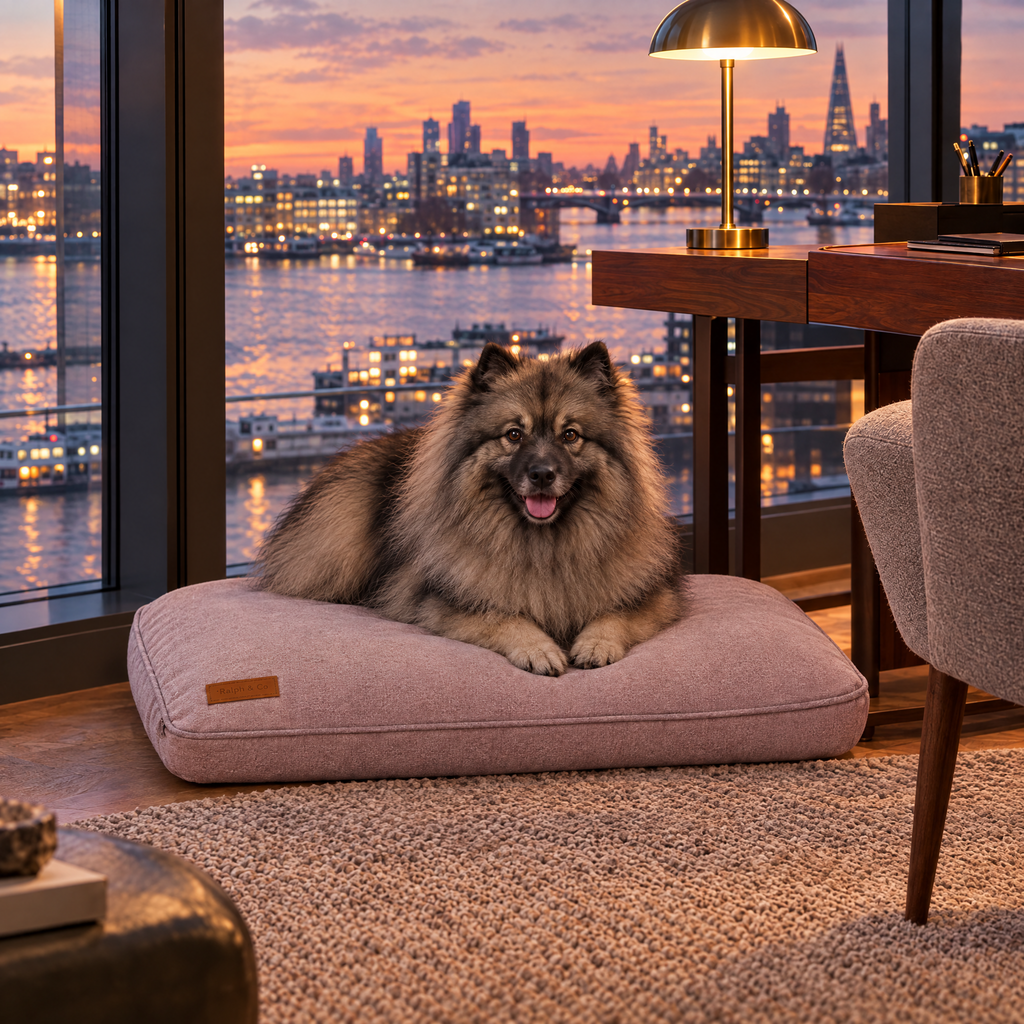 Keeshond on the pink memory foam mattress by the window in a Thames-side penthouse study