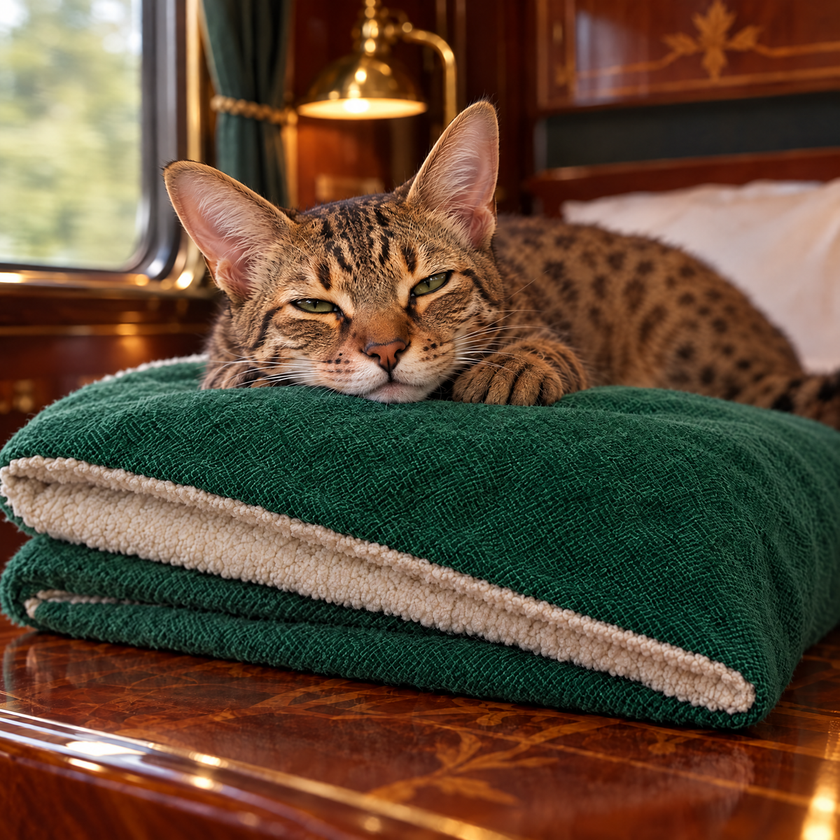 Ocicat resting its chin on the green stonewashed side of the Richmond blanket