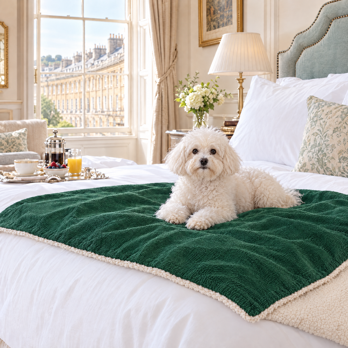 Bolognese on the Richmond green blanket across a bed in a Regency hotel suite