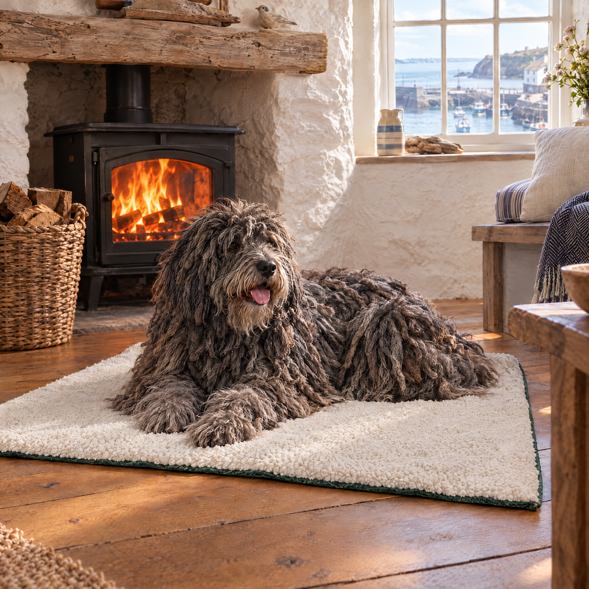 Bergamasco on the sherpa side of the Richmond blanket by the fire in a Cornish cottage snug