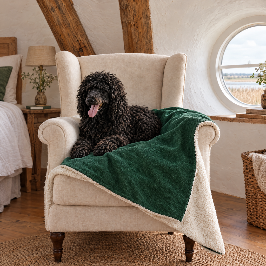Hungarian Puli on the Richmond blanket over an armchair in a windmill bedroom