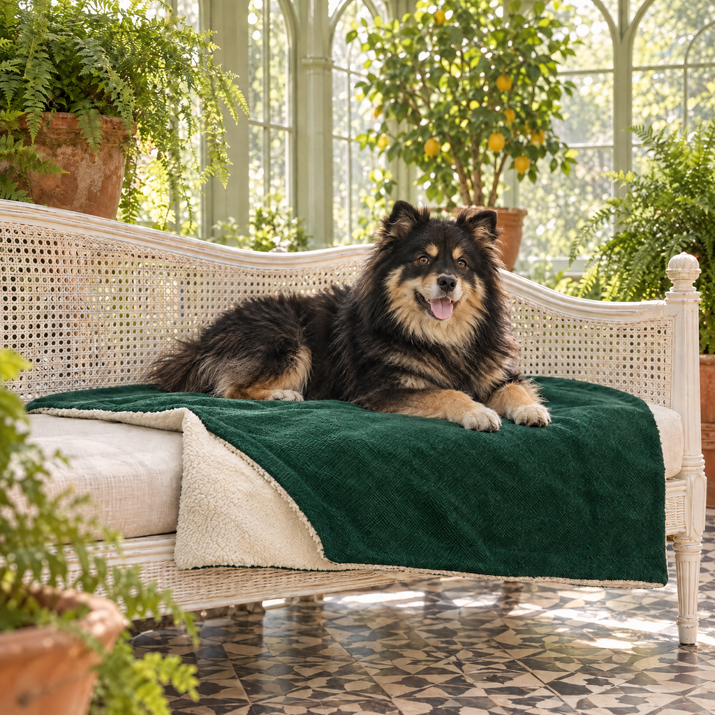 Finnish Lapphund on the Richmond Green Stonewashed & Sherpa Reversible Blanket by Ralph & Co in a Victorian conservatory