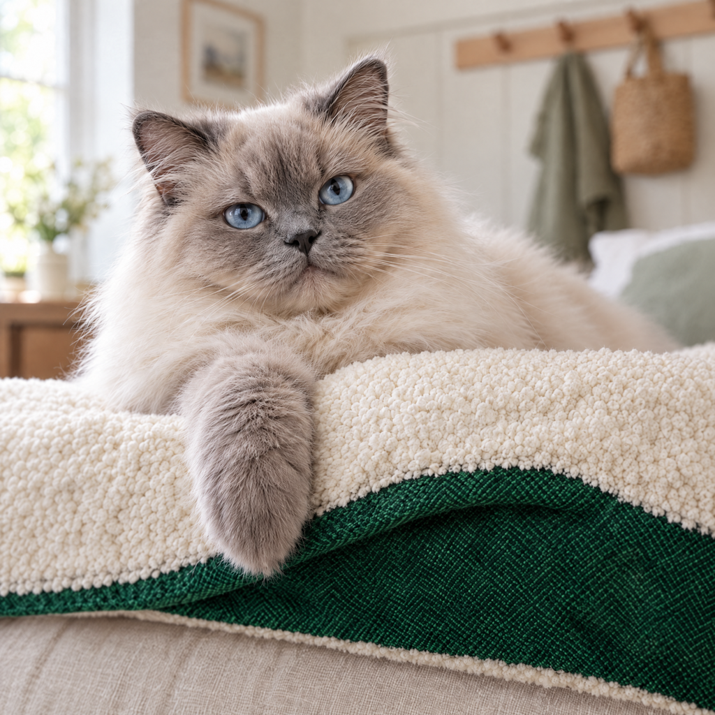 British Longhair cat's paw over the sherpa side of the Richmond blanket