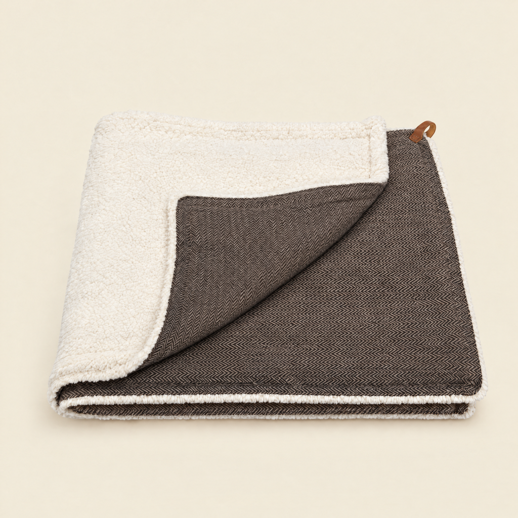 The Lincoln Tweed & Faux Fur Reversible Blanket by Ralph & Co, folded, on a cream background