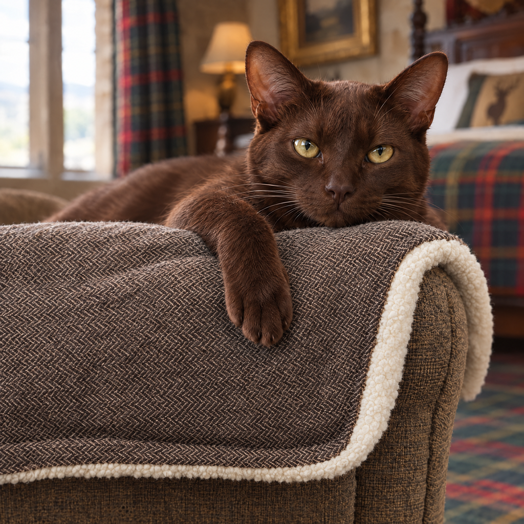Havana Brown cat's paw over the edge of the Lincoln tweed and faux fur blanket