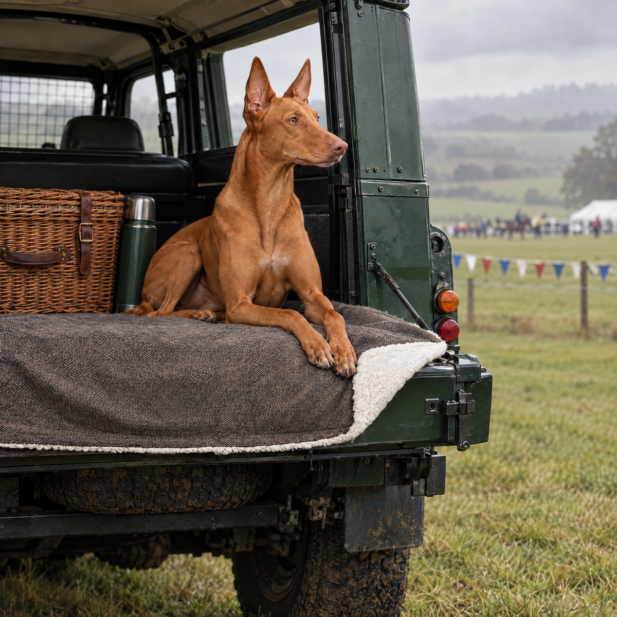 Pharaoh Hound on the Lincoln tweed blanket in the boot of a classic Land Rover