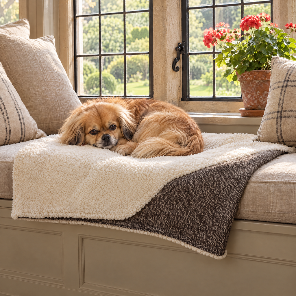 Tibetan Spaniel curled up on the faux fur side of the Lincoln blanket on a cottage window seat