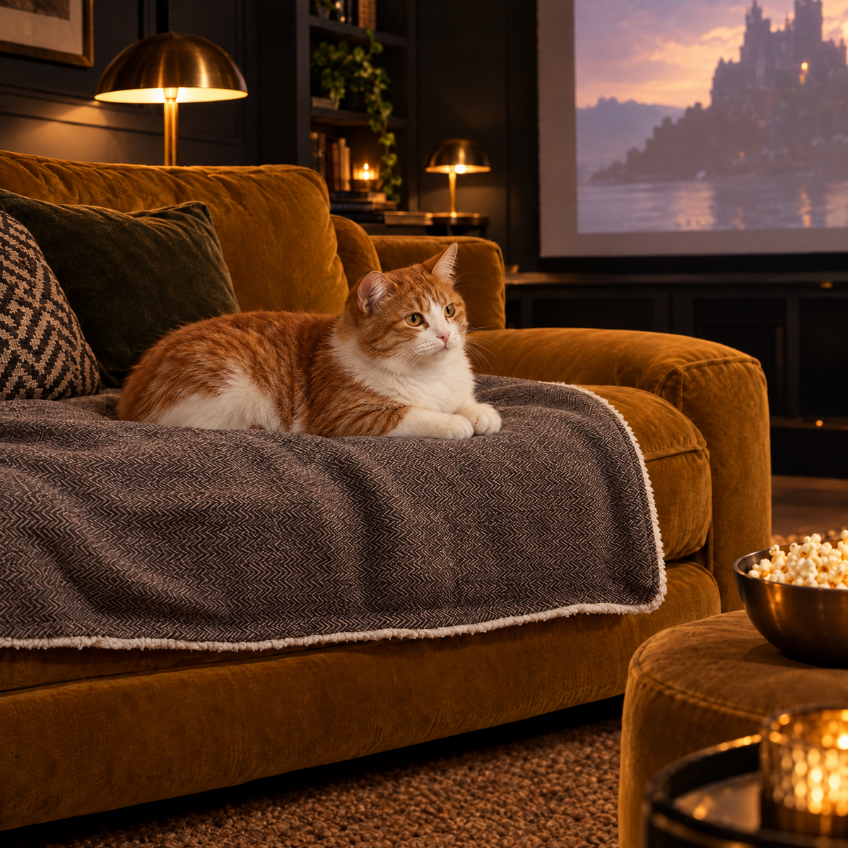 Manx cat lounging on the Lincoln tweed blanket over a velvet sofa in a cinema snug