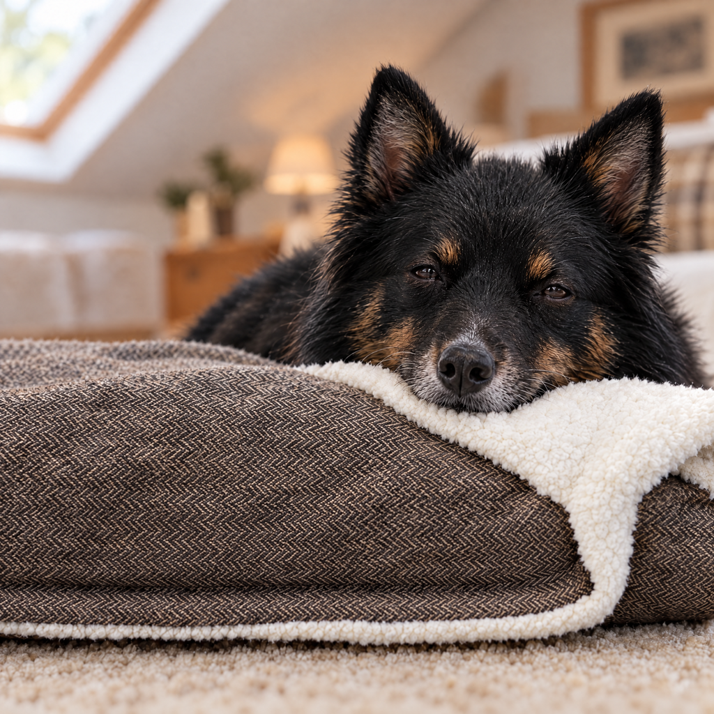 Schipperke resting its chin on the faux fur side of the Lincoln blanket