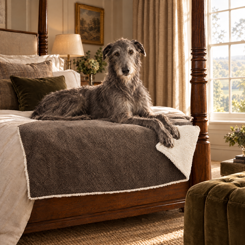 Scottish Deerhound on the Lincoln Tweed & Faux Fur Reversible Blanket by Ralph & Co across a four-poster bed