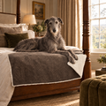 Scottish Deerhound on the Lincoln Tweed & Faux Fur Reversible Blanket by Ralph & Co across a four-poster bed