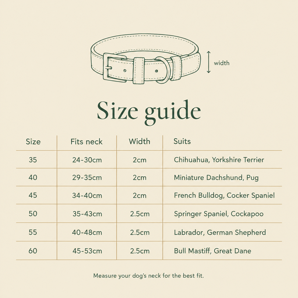 Size guide for The Green Vegan Leather Dog Collar by Ralph & Co, sizes 35 to 60