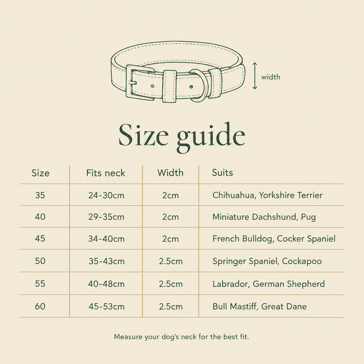 Size guide for the Oxblood Red Vegan Leather Dog Collar
